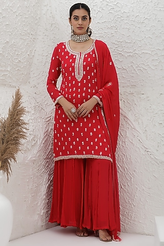Scarlet Red Chinon Georgette Sharara Set by Baidehi