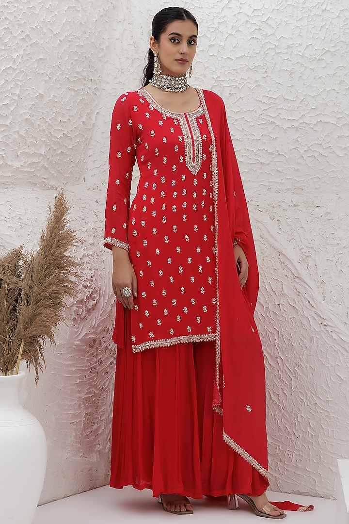 Scarlet Red Chinon Georgette Party Wear Sharara Set by Baidehi at Pernia's Pop Up Shop