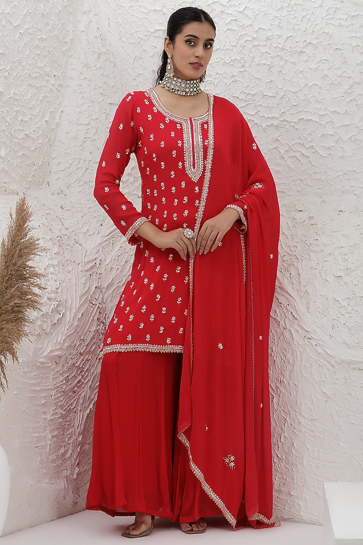 Scarlet Red Chinon Georgette Party Wear Sharara Set by Baidehi at Pernia's Pop Up Shop