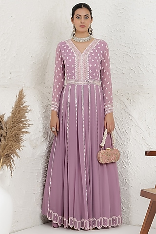 Lavender Georgette Sequins Embroidered Gown by Baidehi
