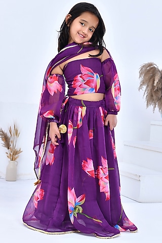 Purple Chiffon Floral Printed Lehenga Set by Bannhi by Priyanka Rathore - kids