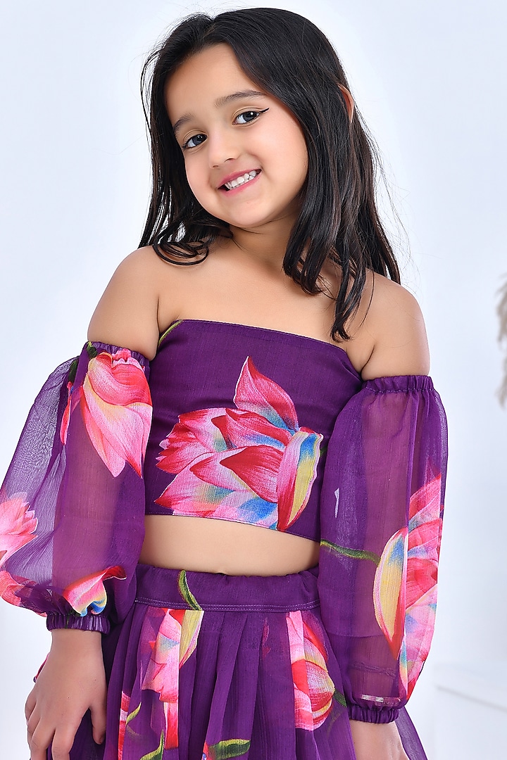 Purple Chiffon Floral Printed Lehenga Set by Bannhi by Priyanka Rathore - kids at Pernia's Pop Up Shop