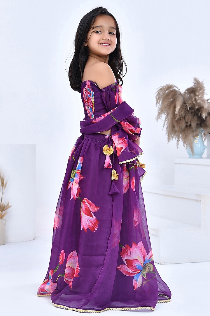 Purple Chiffon Floral Printed Lehenga Set by Bannhi by Priyanka Rathore - kids at Pernia's Pop Up Shop