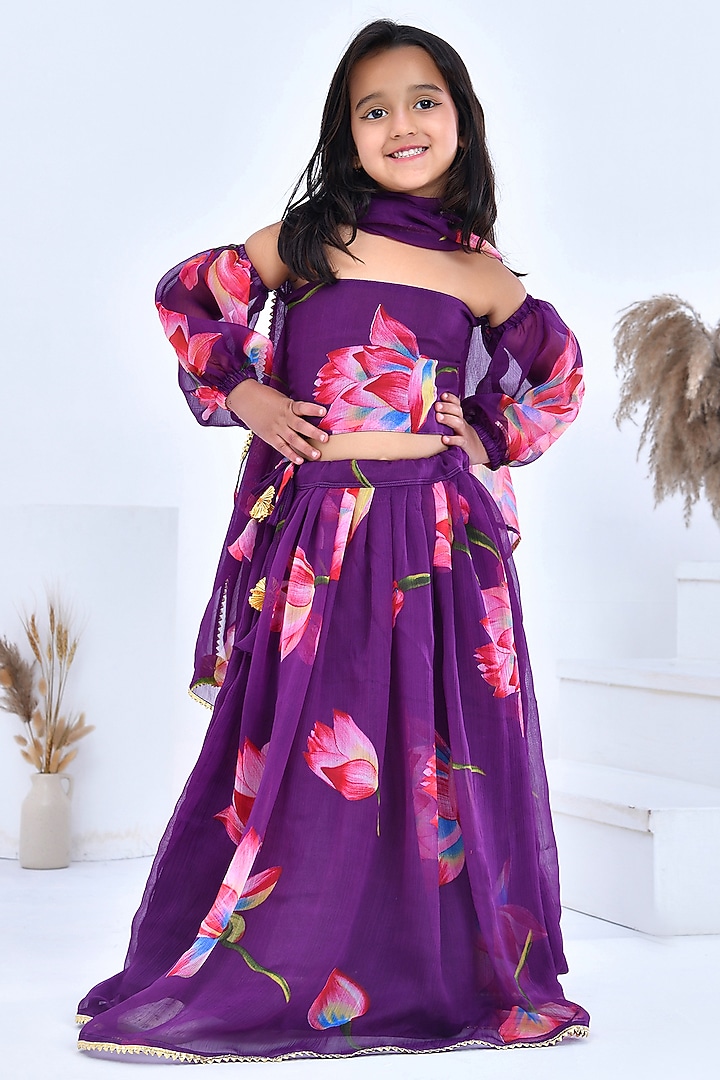 Purple Chiffon Floral Printed Lehenga Set by Bannhi by Priyanka Rathore - kids at Pernia's Pop Up Shop