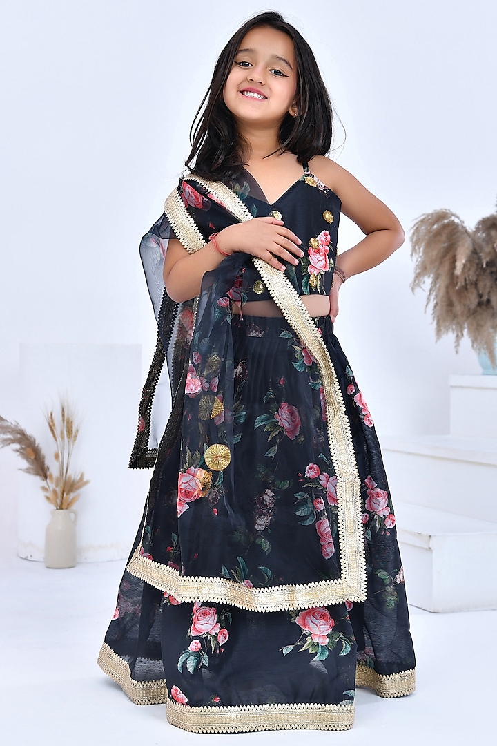 Black Chanderi Floral Printed Lehenga Set For Girls by Bannhi kids at Pernia's Pop Up Shop