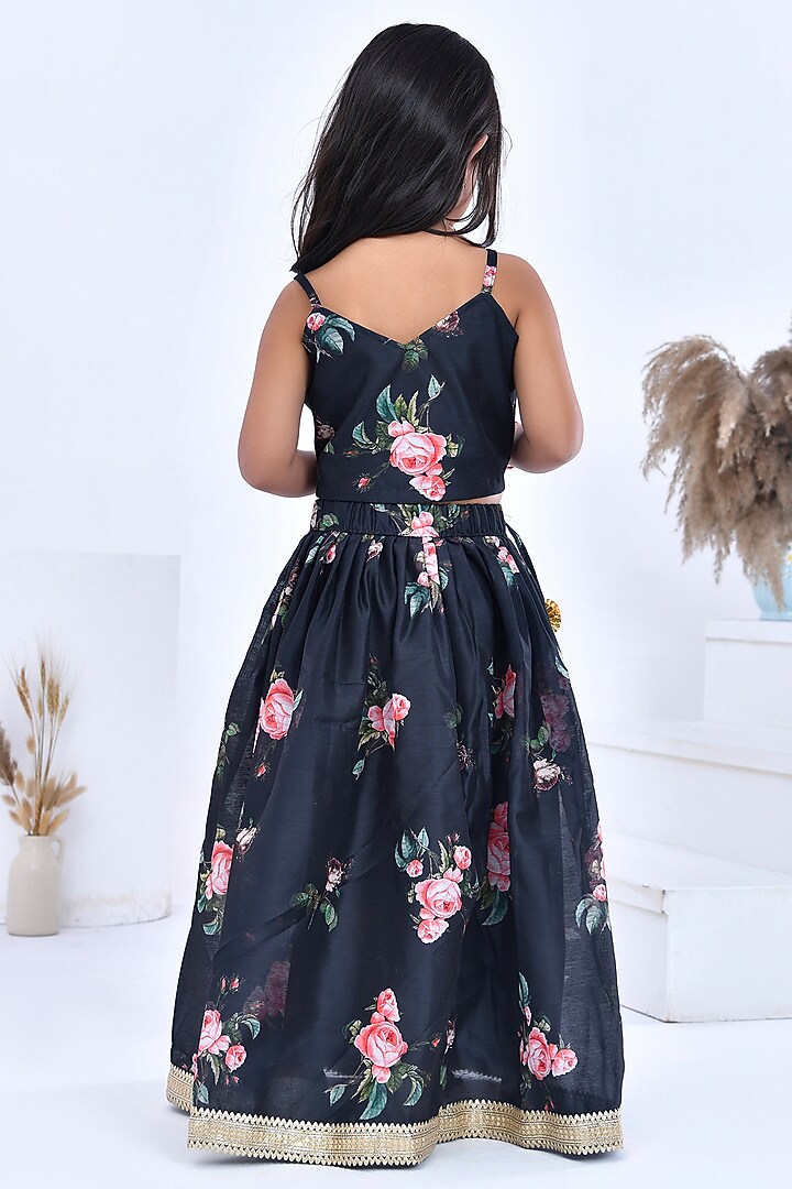 Black Chanderi Floral Printed Lehenga Set For Girls by Bannhi by Priyanka Rathore - kids at Pernia's Pop Up Shop