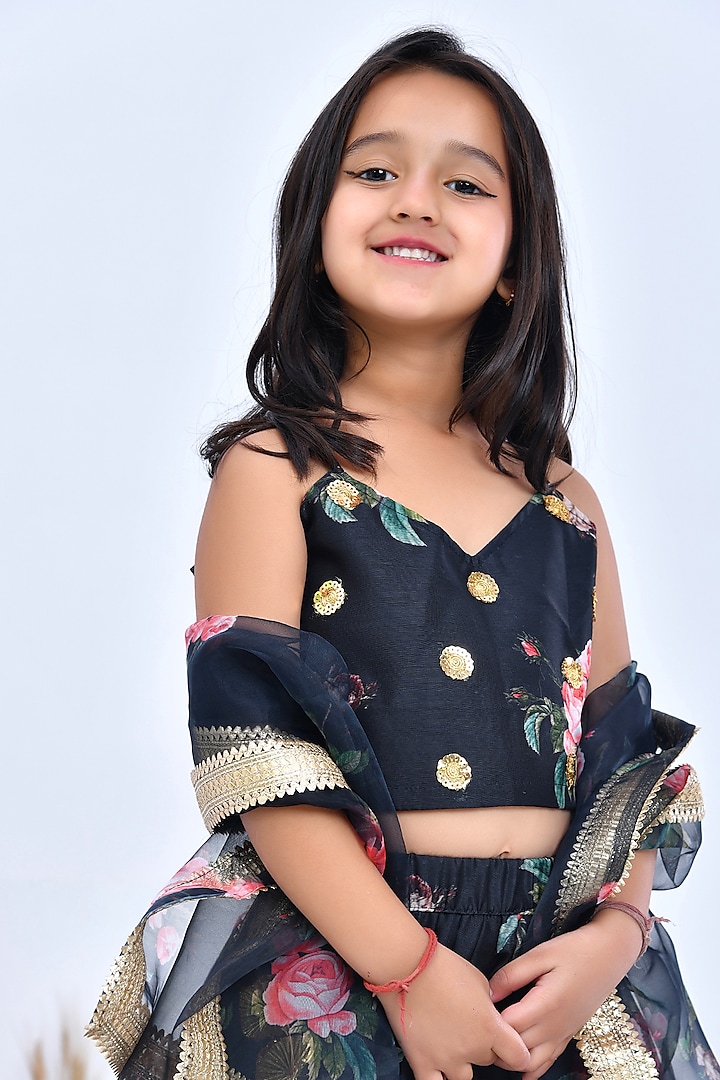 Black Chanderi Floral Printed Lehenga Set For Girls by Bannhi by Priyanka Rathore - kids at Pernia's Pop Up Shop