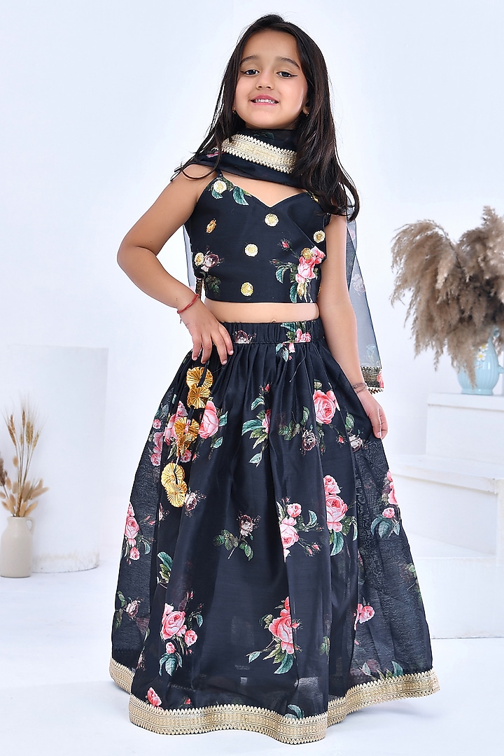 Black Chanderi Floral Printed Lehenga Set For Girls by Bannhi by Priyanka Rathore - kids at Pernia's Pop Up Shop