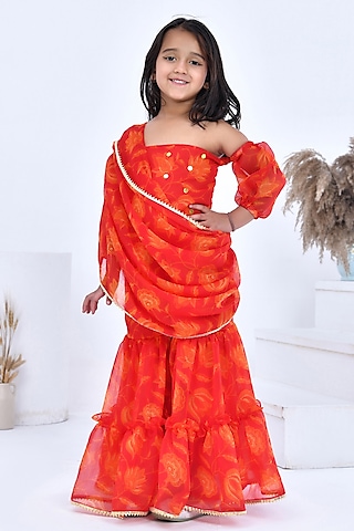 Orange Chiffon Floral Printed Pre-Draped Sharara Saree Set For Girls by Bannhi by Priyanka Rathore - kids