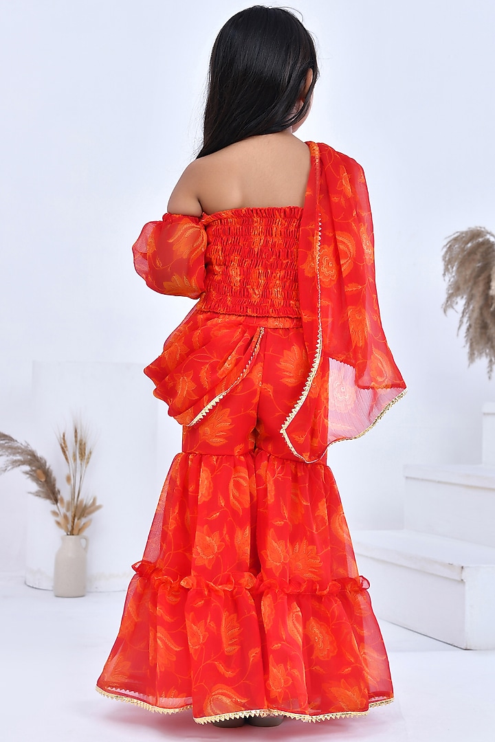 Orange Chiffon Floral Printed Pre-Draped Sharara Saree Set For Girls by Bannhi by Priyanka Rathore - kids at Pernia's Pop Up Shop