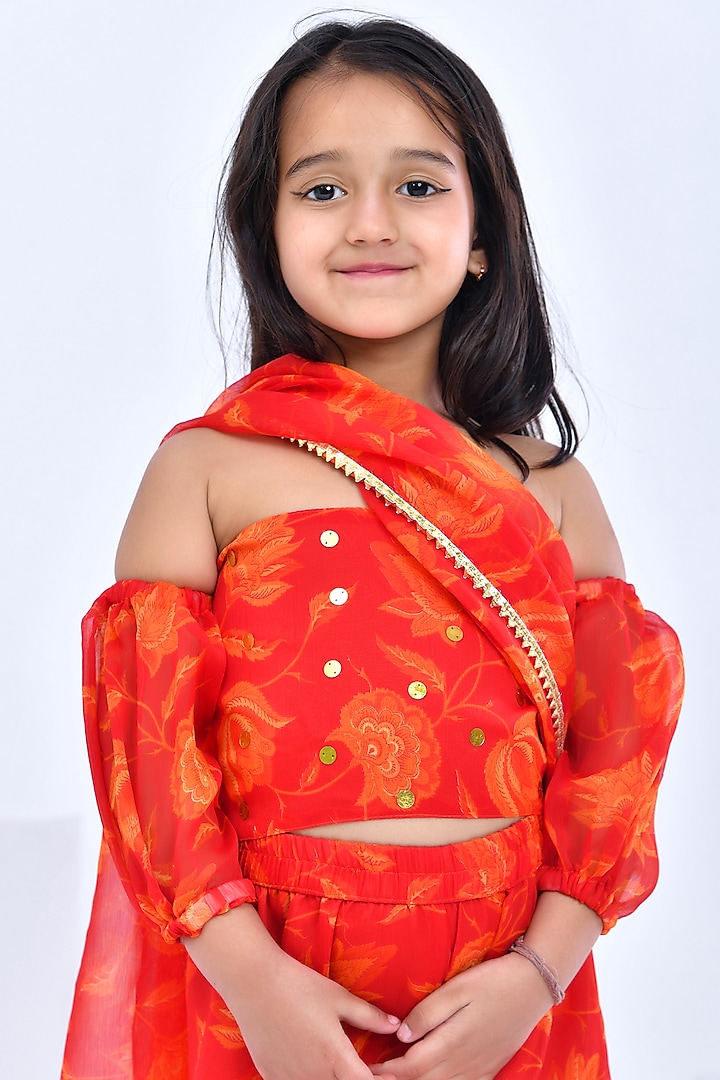 Orange Chiffon Floral Printed Pre-Draped Sharara Saree Set For Girls by Bannhi by Priyanka Rathore - kids at Pernia's Pop Up Shop