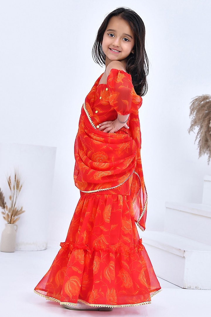 Orange Chiffon Floral Printed Pre-Draped Sharara Saree Set For Girls by Bannhi by Priyanka Rathore - kids at Pernia's Pop Up Shop