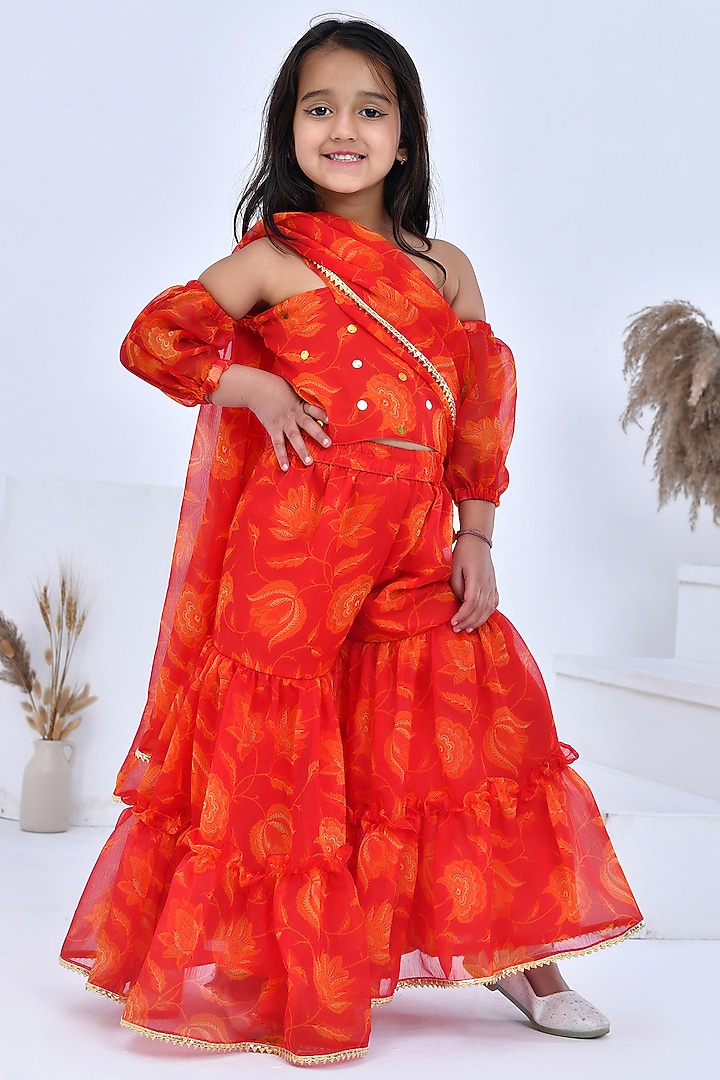 Orange Chiffon Floral Printed Pre-Draped Sharara Saree Set For Girls by Bannhi by Priyanka Rathore - kids at Pernia's Pop Up Shop