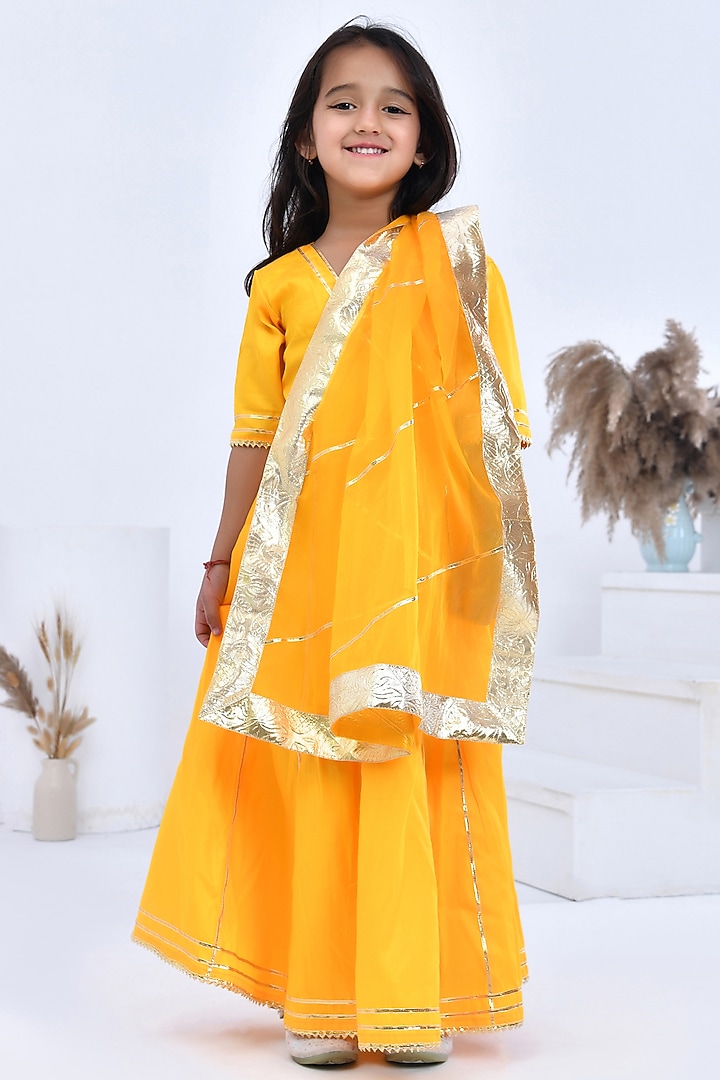 Yellow Cotton Silk Gota Embellished Anarkali Set For Girls by Bannhi by Priyanka Rathore - kids at Pernia's Pop Up Shop