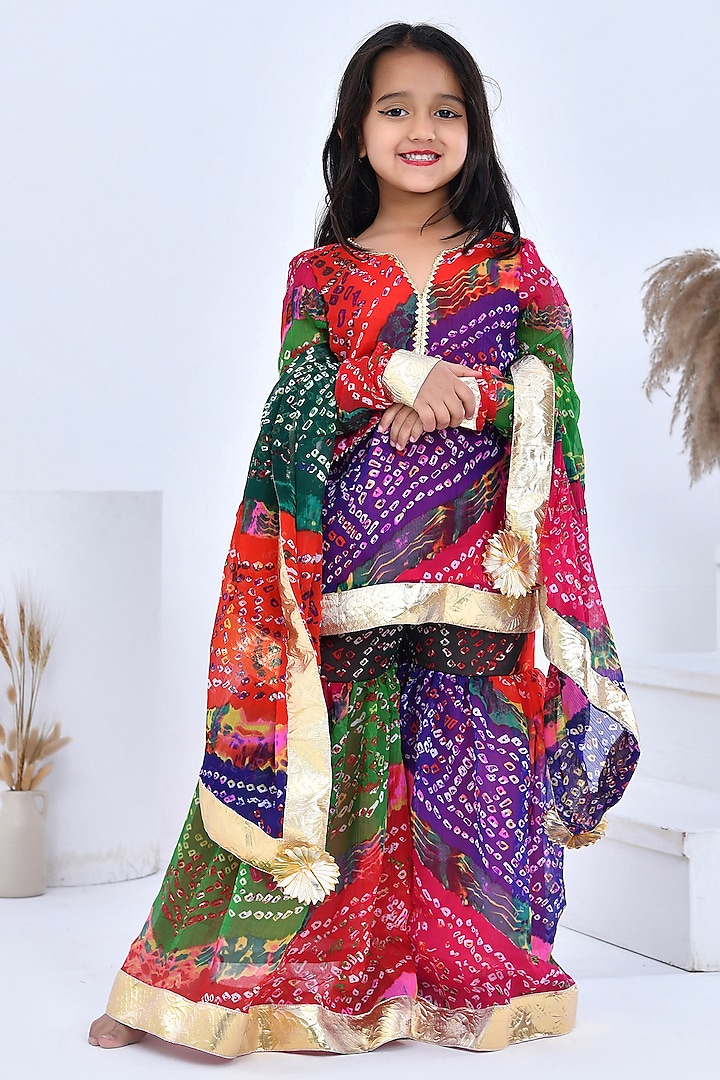 Multi-Colored Chiffon Gotal Embellished & Bandhani Printed Sharara Set For Girls by Bannhi kids at Pernia's Pop Up Shop