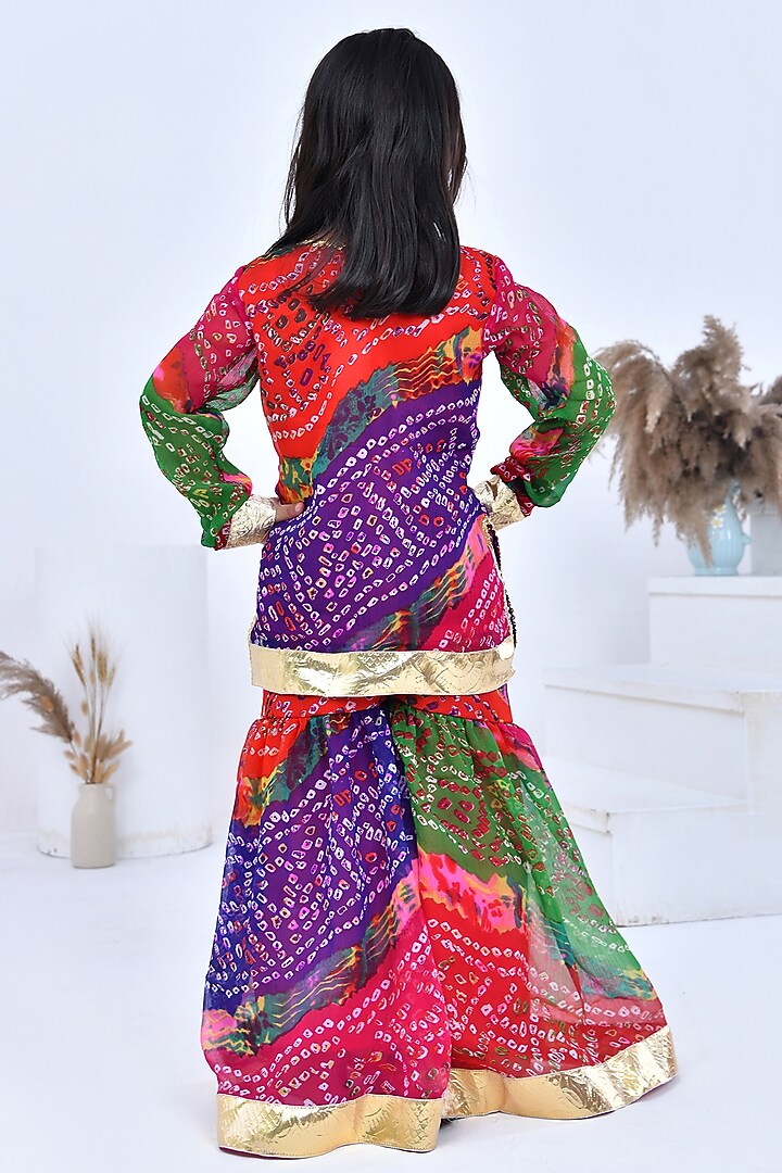 Multi-Colored Chiffon Gotal Embellished & Bandhani Printed Sharara Set For Girls by Bannhi by Priyanka Rathore - kids at Pernia's Pop Up Shop