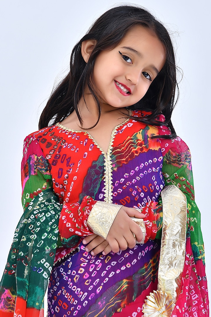 Multi-Colored Chiffon Gotal Embellished & Bandhani Printed Sharara Set For Girls by Bannhi by Priyanka Rathore - kids at Pernia's Pop Up Shop