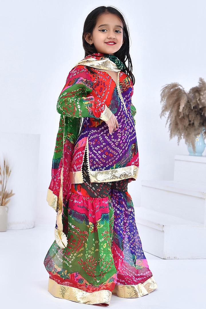 Multi-Colored Chiffon Gotal Embellished & Bandhani Printed Sharara Set For Girls by Bannhi by Priyanka Rathore - kids at Pernia's Pop Up Shop