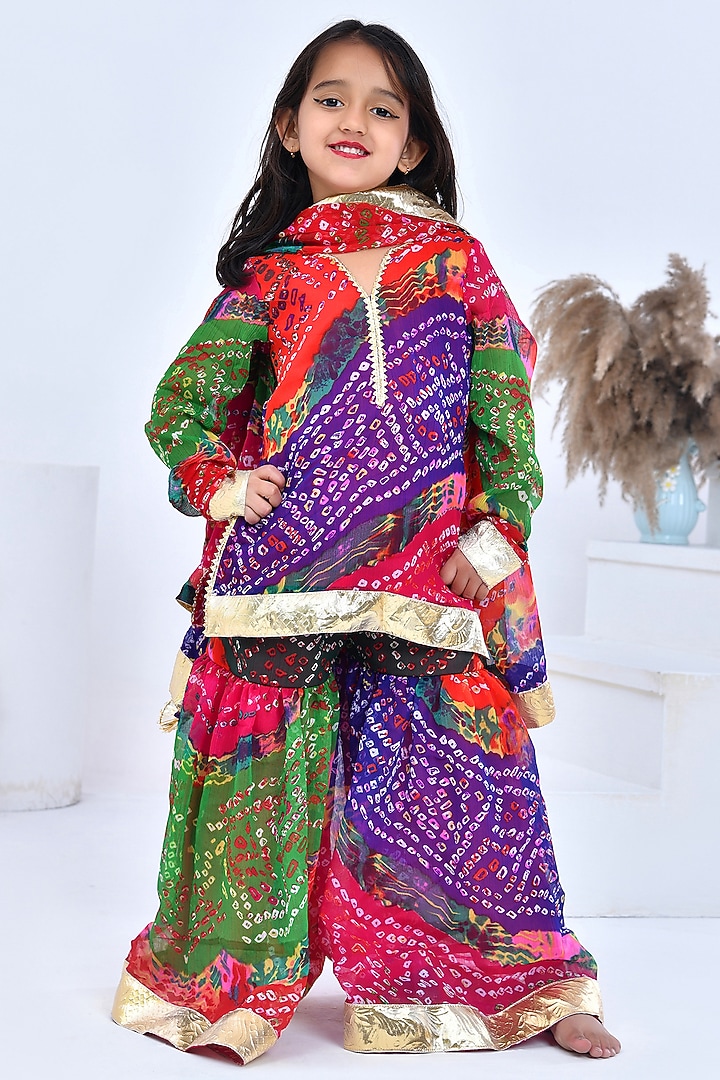 Multi-Colored Chiffon Gotal Embellished & Bandhani Printed Sharara Set For Girls by Bannhi by Priyanka Rathore - kids at Pernia's Pop Up Shop