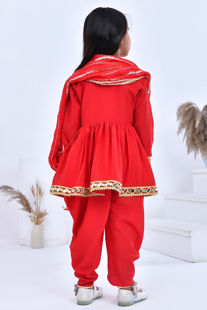Red Chanderi Lace Embellished Dhoti Set For Girls by Bannhi by Priyanka Rathore - kids at Pernia's Pop Up Shop