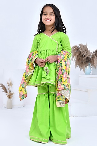 Green Cotton Sharara Set For Girls by Bannhi by Priyanka Rathore - kids