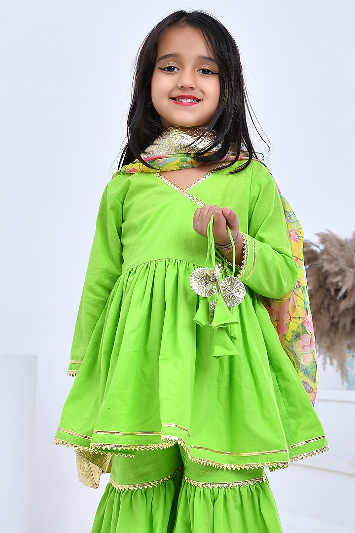Green Cotton Sharara Set For Girls by Bannhi by Priyanka Rathore - kids at Pernia's Pop Up Shop
