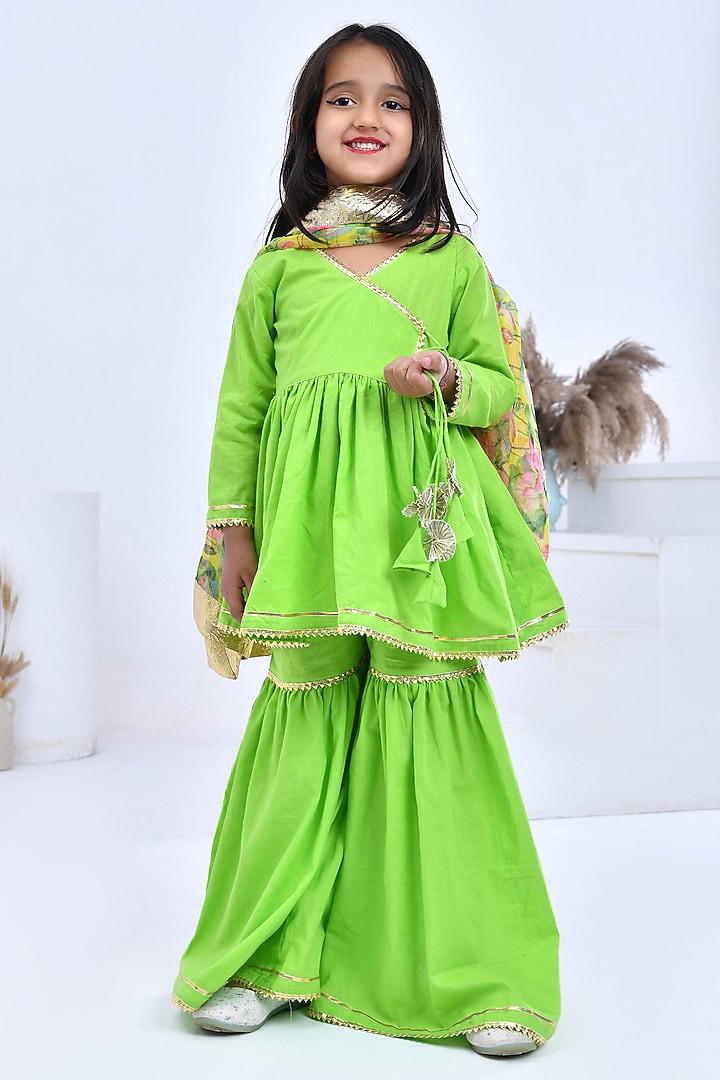 Green Cotton Sharara Set For Girls by Bannhi by Priyanka Rathore - kids at Pernia's Pop Up Shop