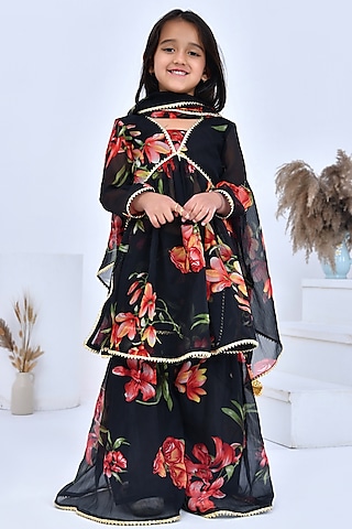 Black Chiffon Floral Printed & Gota Embellished Sharara Set For Girls by Bannhi by Priyanka Rathore - kids