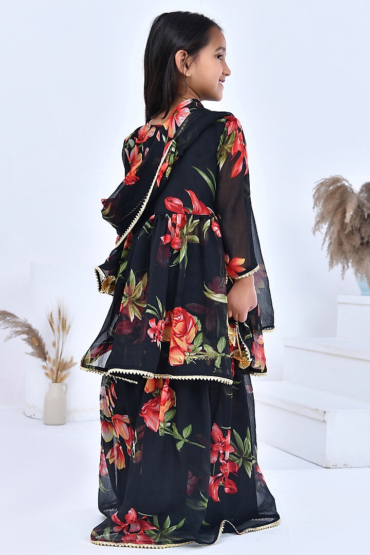 Black Chiffon Floral Printed & Gota Embellished Sharara Set For Girls by Bannhi by Priyanka Rathore - kids at Pernia's Pop Up Shop