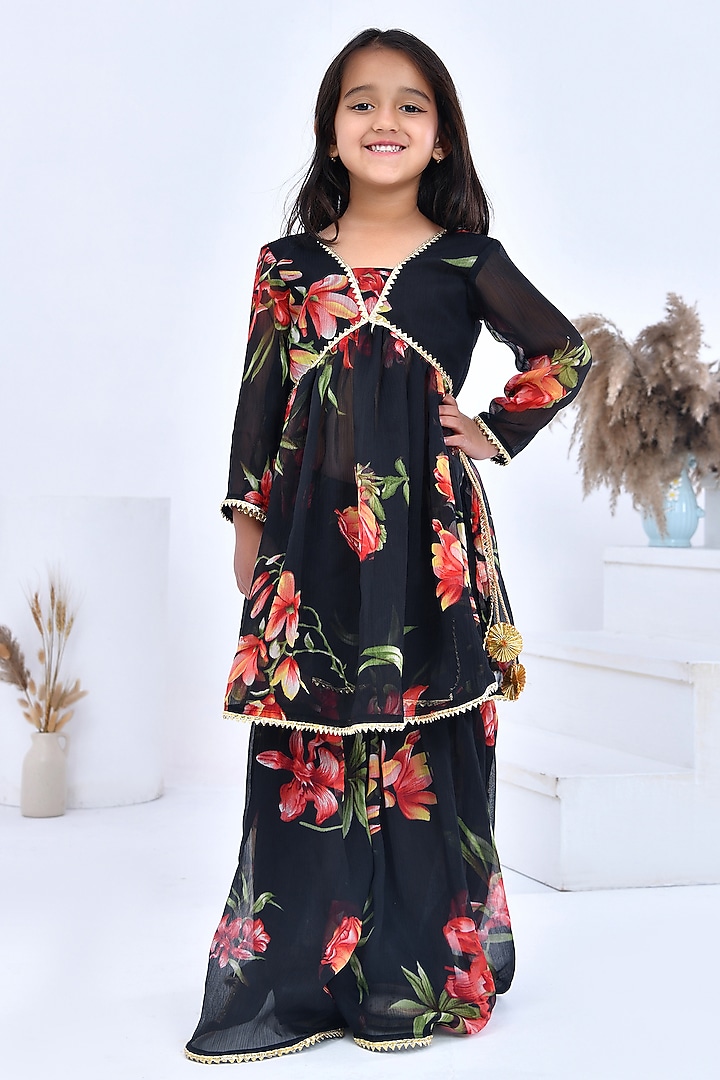 Black Chiffon Floral Printed & Gota Embellished Sharara Set For Girls by Bannhi by Priyanka Rathore - kids at Pernia's Pop Up Shop