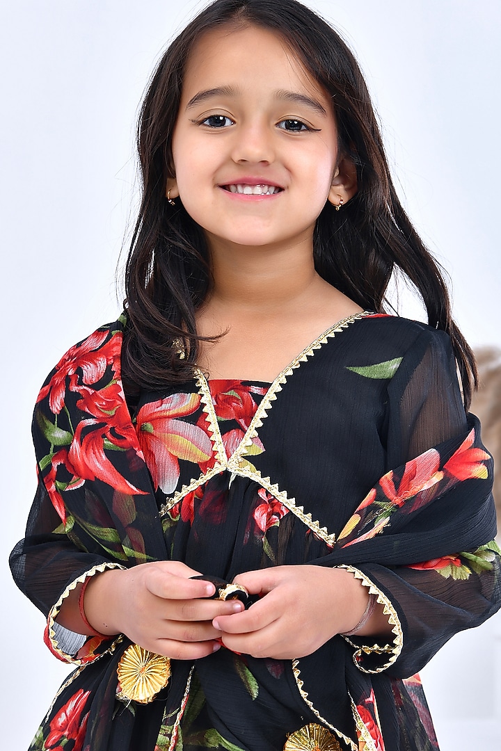 Black Chiffon Floral Printed & Gota Embellished Sharara Set For Girls by Bannhi by Priyanka Rathore - kids at Pernia's Pop Up Shop