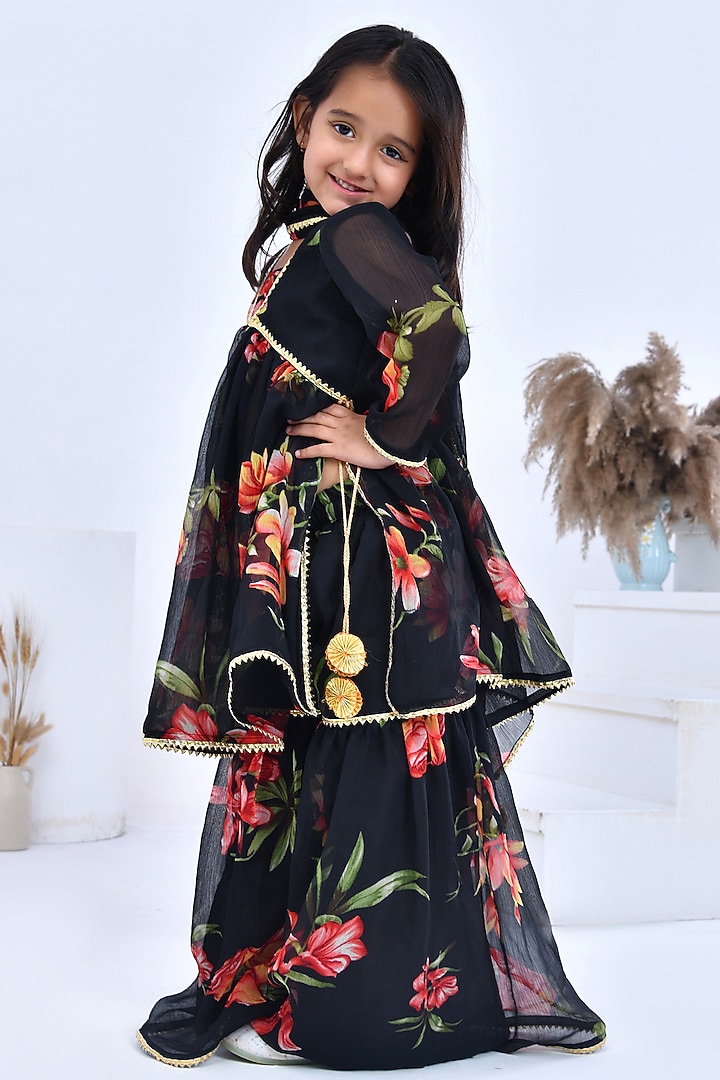 Black Chiffon Floral Printed & Gota Embellished Sharara Set For Girls by Bannhi by Priyanka Rathore - kids at Pernia's Pop Up Shop