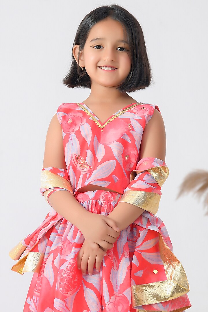 Pink Chanderi Floral Printed Lehenga Set For Girls by Bannhi by Priyanka Rathore - kids at Pernia's Pop Up Shop