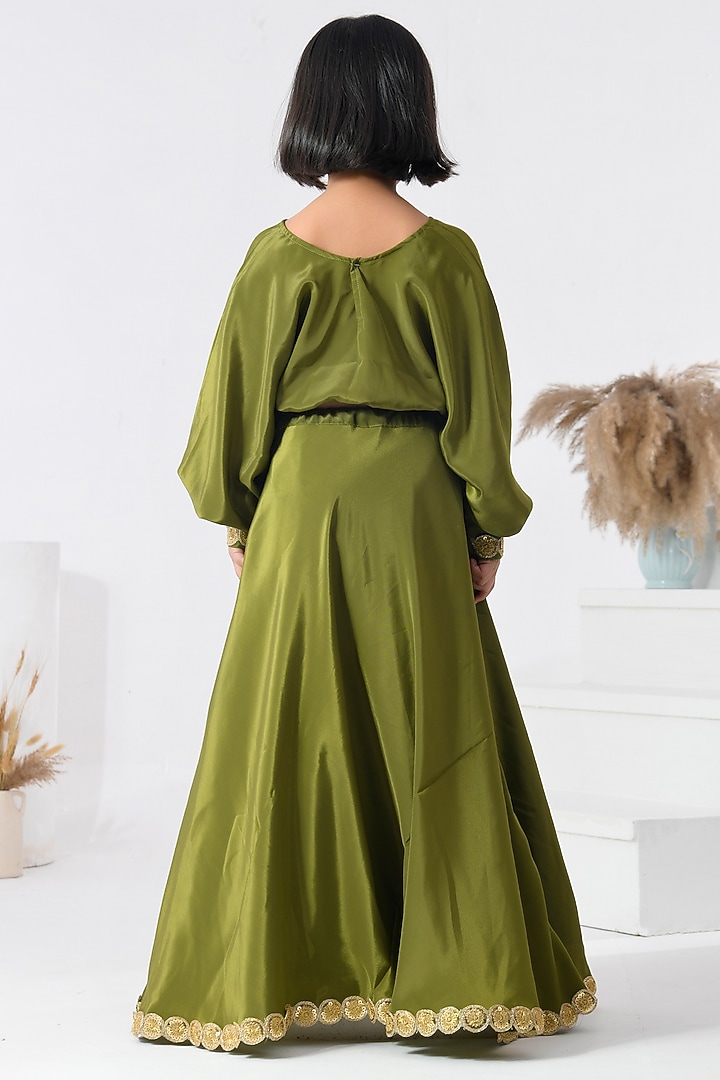 Olive Green Crepe Skirt Set For Girls by Bannhi by Priyanka Rathore - kids at Pernia's Pop Up Shop