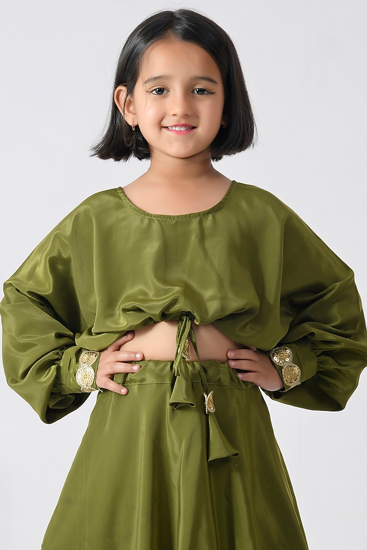 Olive Green Crepe Skirt Set For Girls by Bannhi by Priyanka Rathore - kids at Pernia's Pop Up Shop
