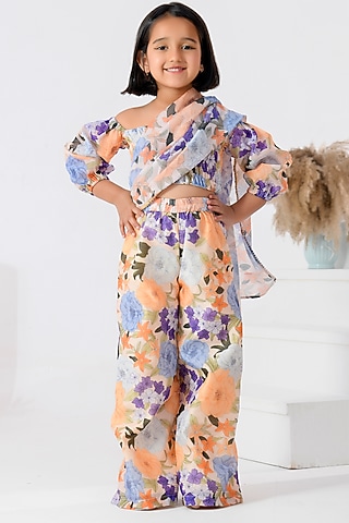 Peach Chanderi Floral Printed Palazzo Pant Saree Set by Bannhi by Priyanka Rathore - kids