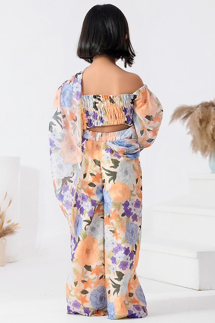 Peach Chanderi Floral Printed Palazzo Pant Saree Set by Bannhi by Priyanka Rathore - kids at Pernia's Pop Up Shop