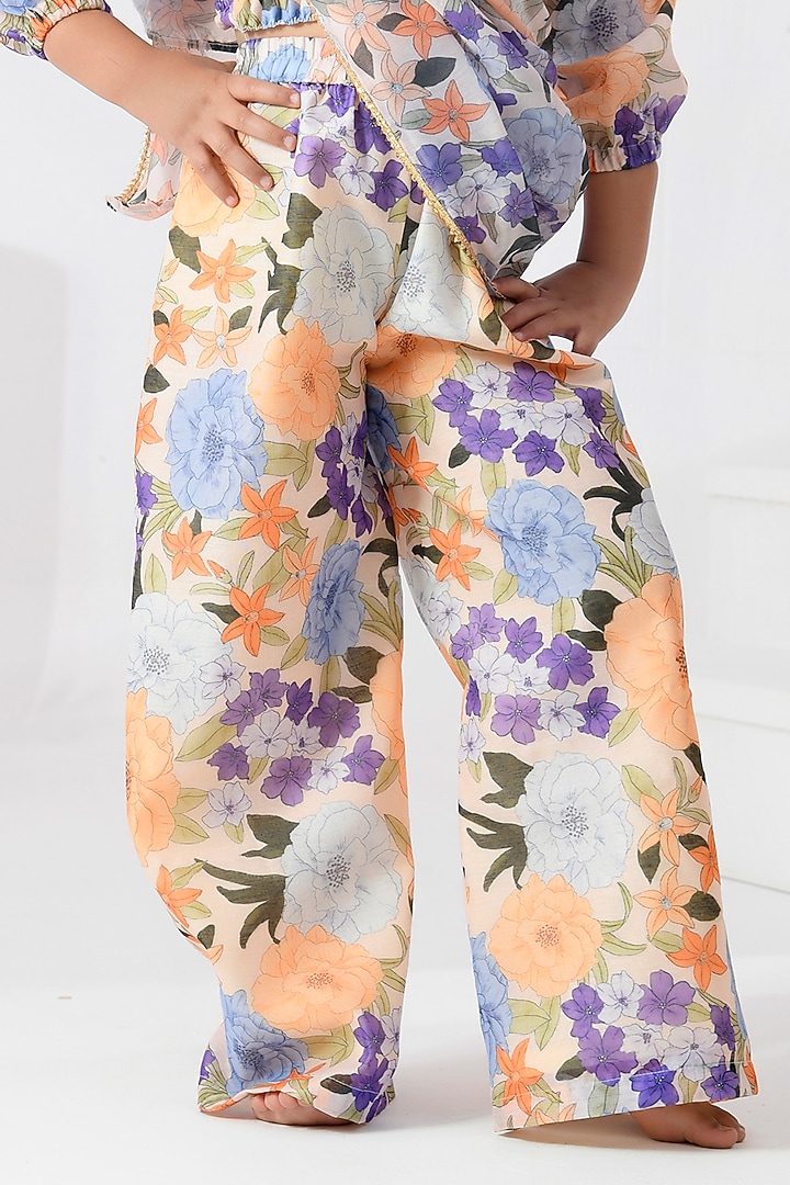 Peach Chanderi Floral Printed Palazzo Pant Saree Set by Bannhi by Priyanka Rathore - kids at Pernia's Pop Up Shop