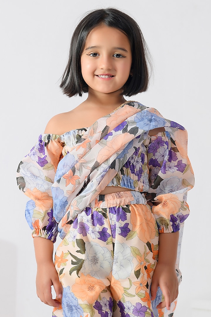 Peach Chanderi Floral Printed Palazzo Pant Saree Set by Bannhi by Priyanka Rathore - kids at Pernia's Pop Up Shop