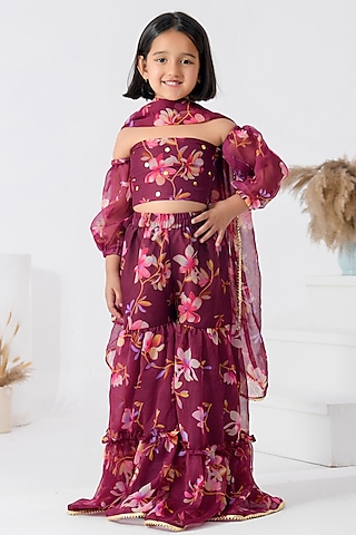 Mauve Chiffon Floral Printed & Gota Embellished Sharara Set For Girls by Bannhi by Priyanka Rathore - kids