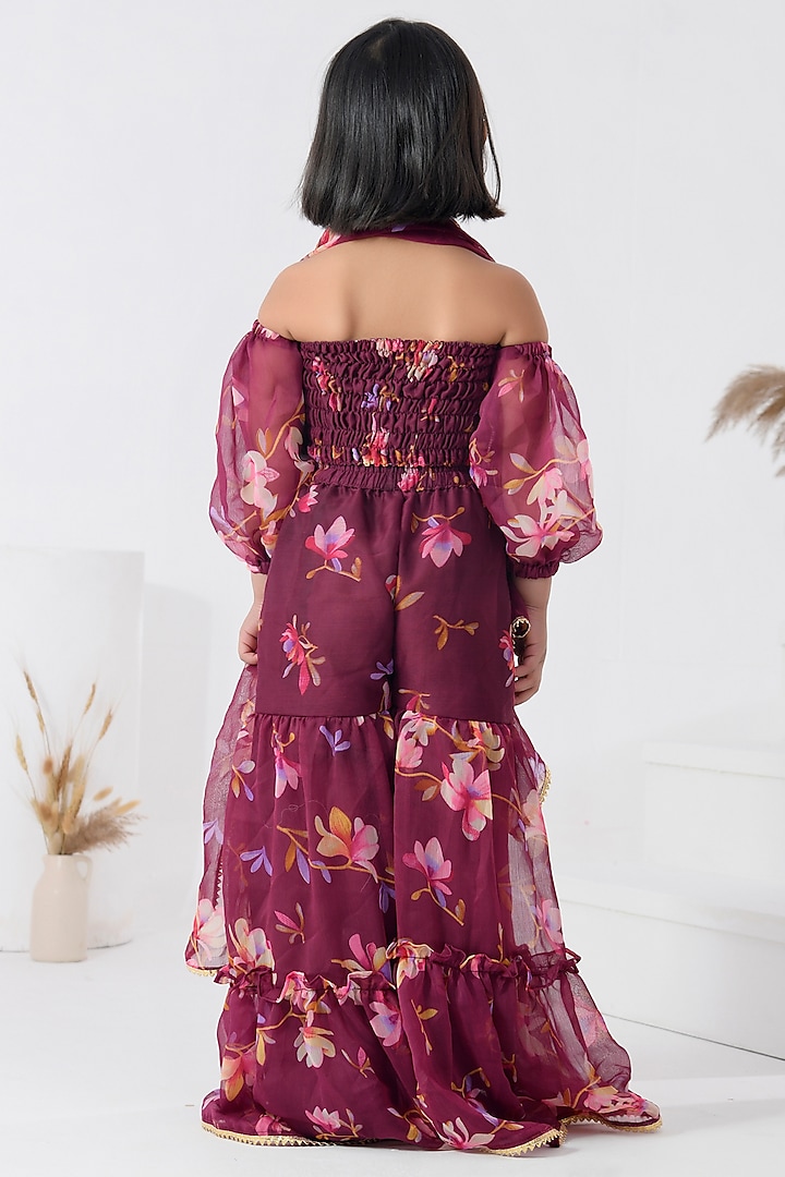 Mauve Chiffon Floral Printed & Gota Embellished Sharara Set For Girls by Bannhi by Priyanka Rathore - kids at Pernia's Pop Up Shop