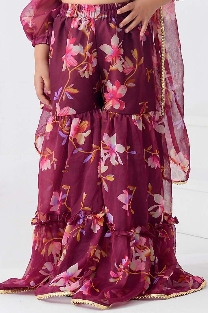 Mauve Chiffon Floral Printed & Gota Embellished Sharara Set For Girls by Bannhi by Priyanka Rathore - kids at Pernia's Pop Up Shop