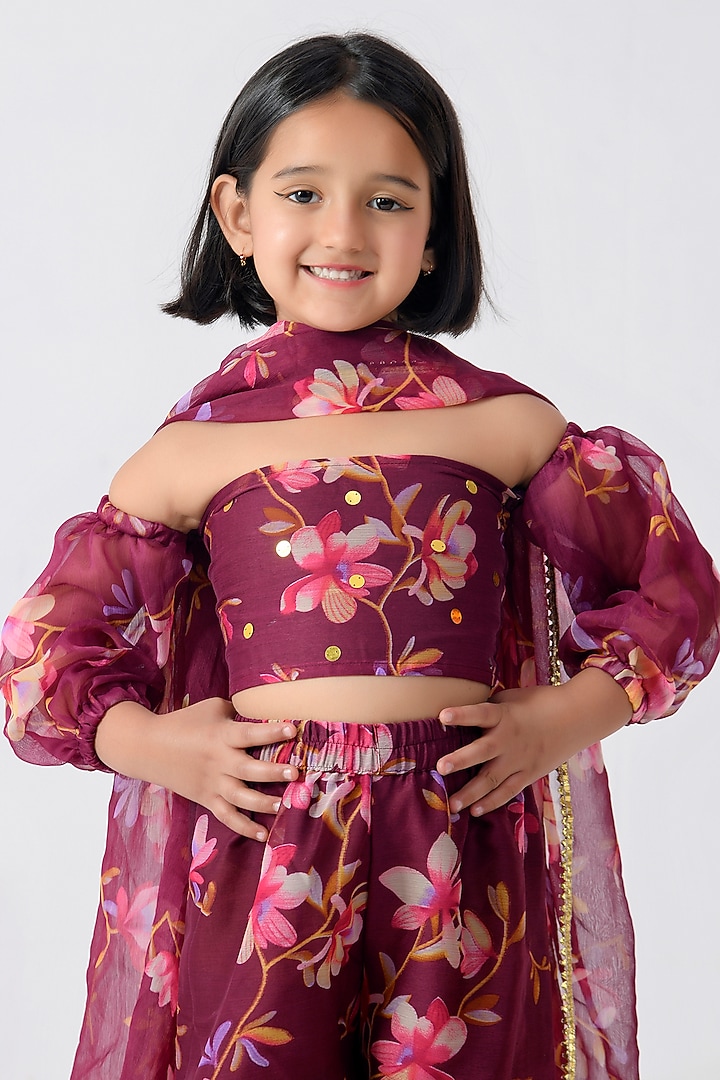 Mauve Chiffon Floral Printed & Gota Embellished Sharara Set For Girls by Bannhi by Priyanka Rathore - kids at Pernia's Pop Up Shop