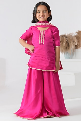 Magenta Satin Silk Gota Embellished Sharara Set by Bannhi by Priyanka Rathore - kids