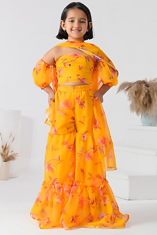 Yellow Chiffon Floral Printed & Gota Embellished Sharara Set For Girls by Bannhi by Priyanka Rathore - kids