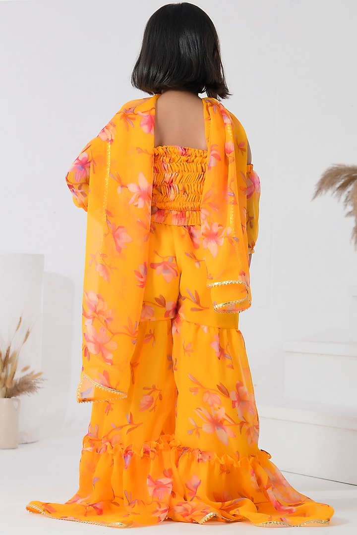 Yellow Chiffon Floral Printed & Gota Embellished Sharara Set For Girls by Bannhi by Priyanka Rathore - kids at Pernia's Pop Up Shop