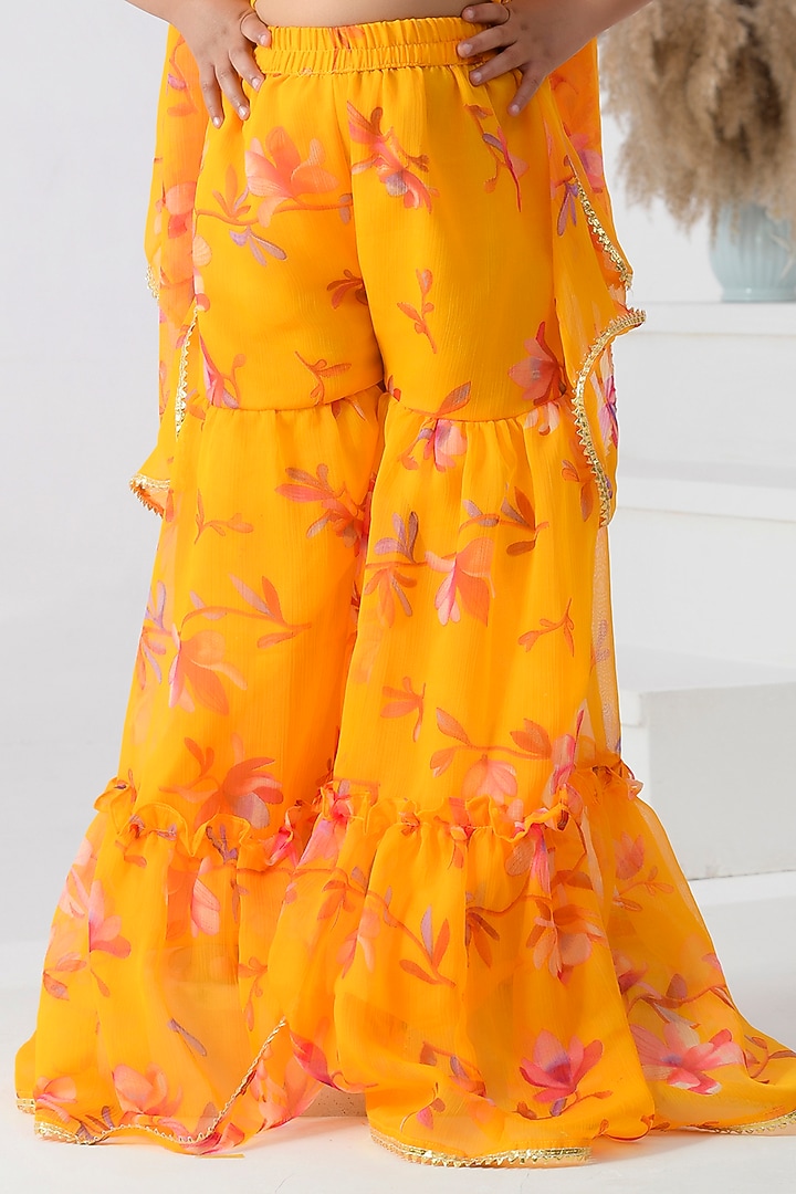 Yellow Chiffon Floral Printed & Gota Embellished Sharara Set For Girls by Bannhi by Priyanka Rathore - kids at Pernia's Pop Up Shop