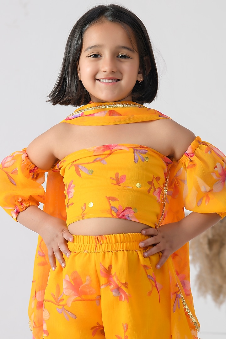 Yellow Chiffon Floral Printed & Gota Embellished Sharara Set For Girls by Bannhi by Priyanka Rathore - kids at Pernia's Pop Up Shop
