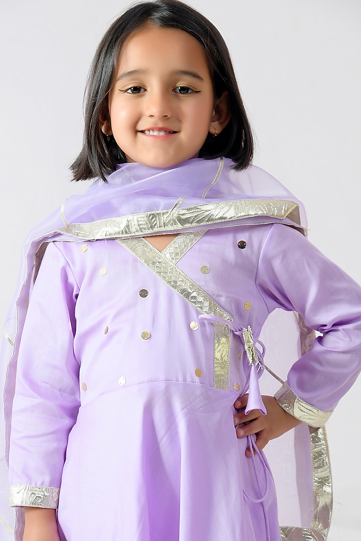 Lavender Taffeta Silk Embellished Anarkali Set For Girls by Bannhi by Priyanka Rathore - kids at Pernia's Pop Up Shop