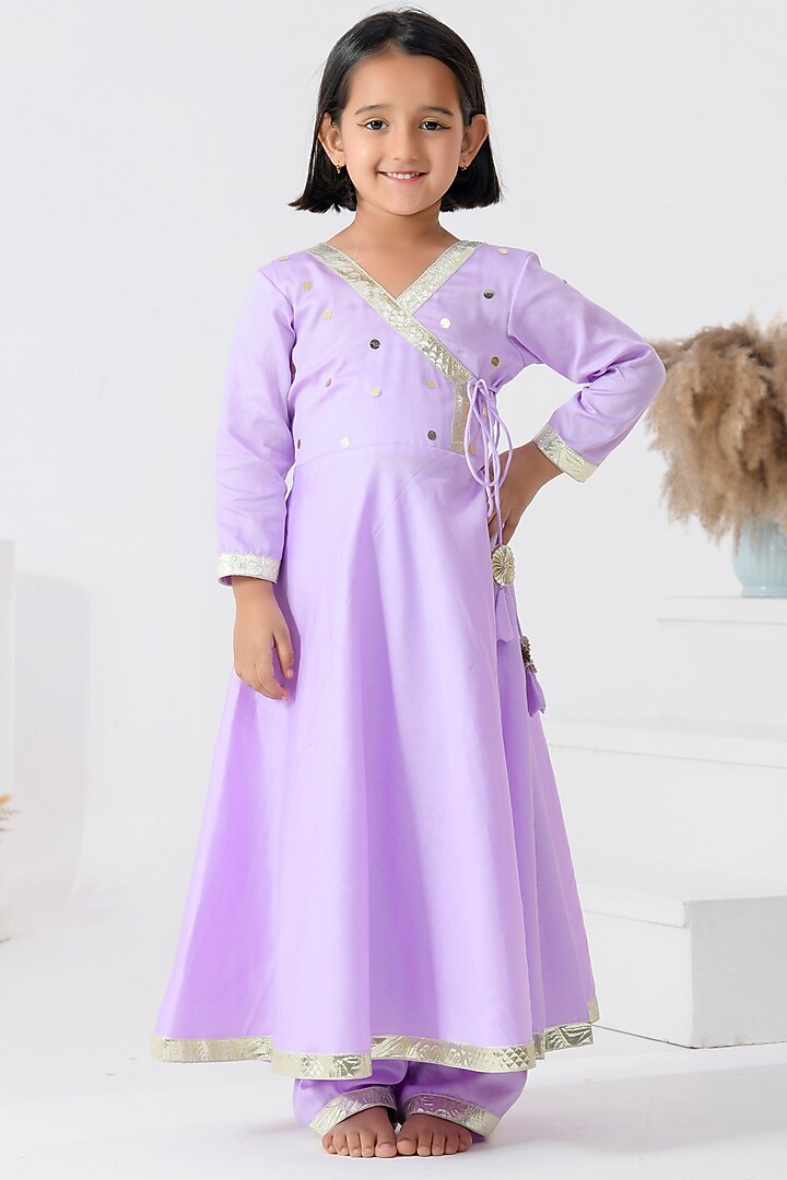 Lavender Taffeta Silk Embellished Anarkali Set For Girls by Bannhi by Priyanka Rathore - kids at Pernia's Pop Up Shop